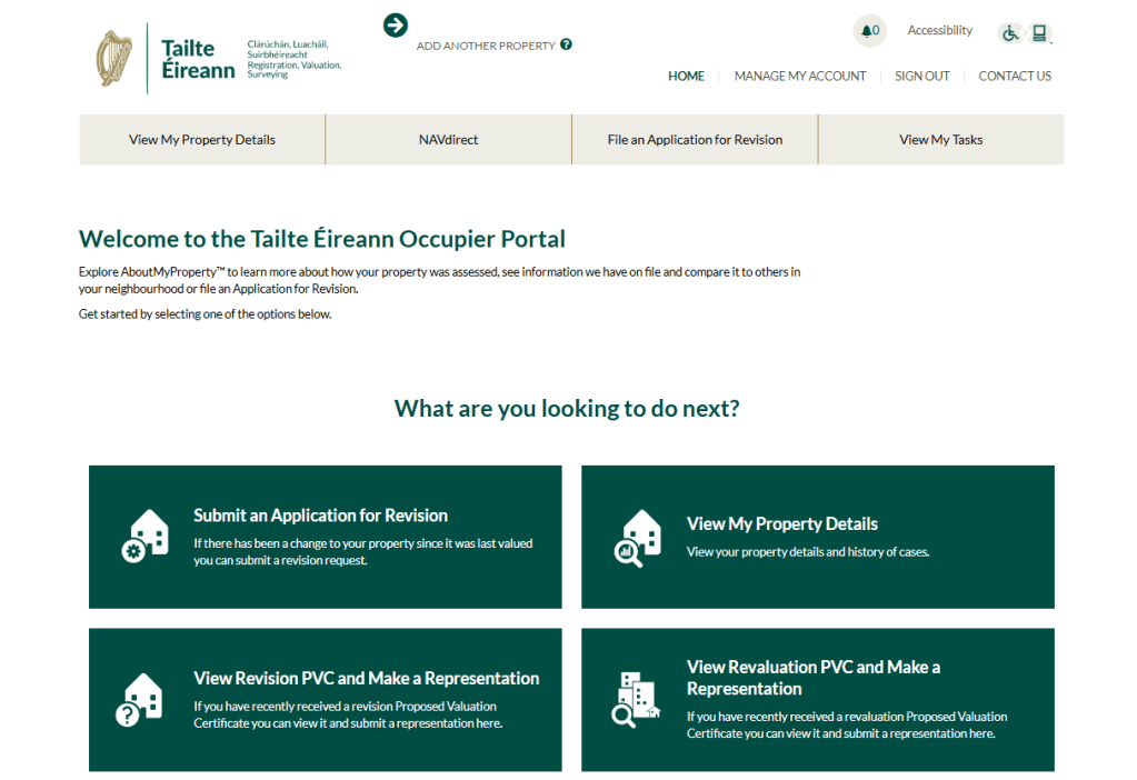 Screenshot of the valuation occupier portal