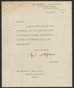 Letter dated 18th April 1922 from Registrar, William Glover to the Minister of Home Affairs