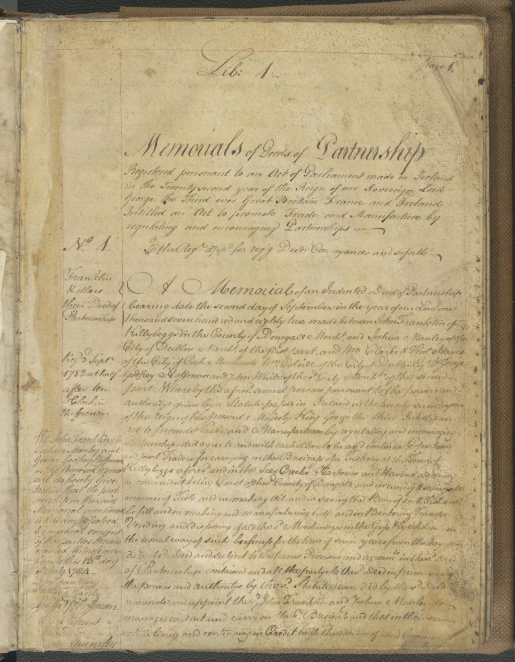 Transcript book entry for the first anonymous partnership registered as entry no.1