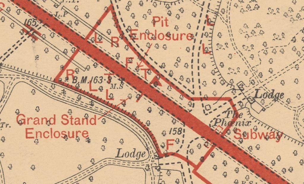 Section of Map highlighting the location of the Grandstands, pit enclosure and subway